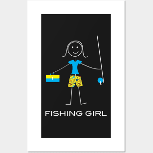 Funny Fishing Girl Illustrated Stick Girl Fisherwoman Posters and Art